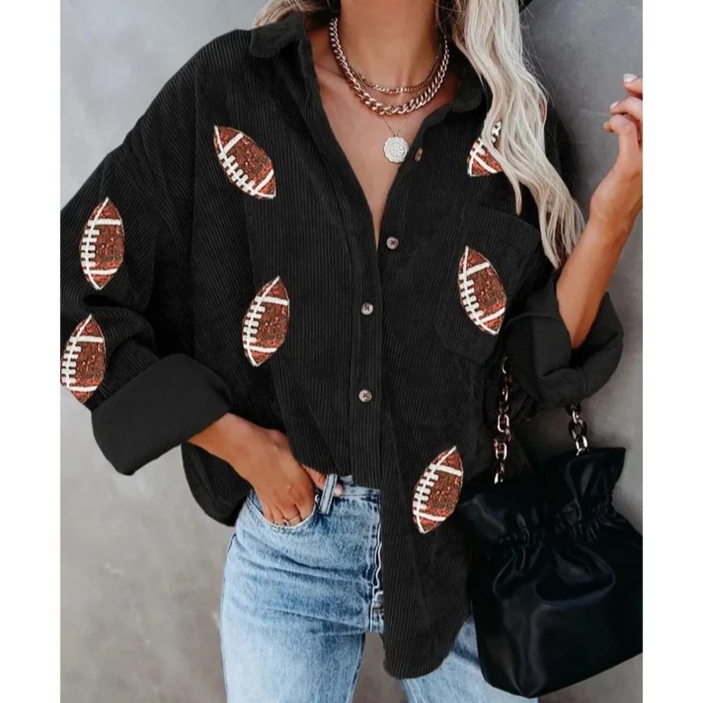 Sequin Football Shacket Jacket Top Large Corduroy Game Day Sports Mom Oversized